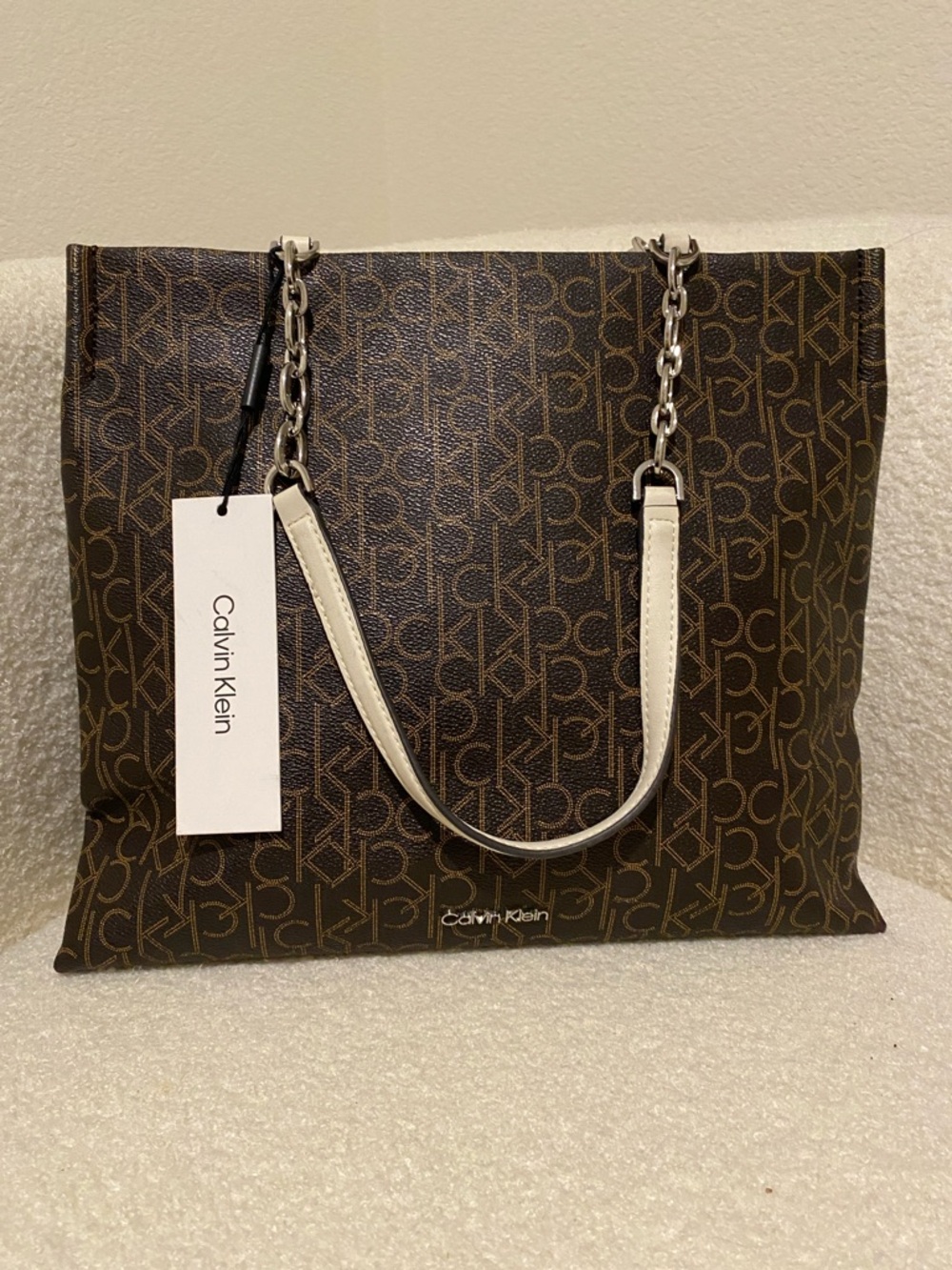 Calvin Klein Brown Monogram Tote with Chain Handles